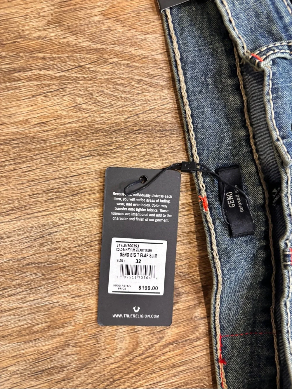 True Religion Geno Big T Flap Slim Jeans Men's 32X32 Medium Wash Red Stitch NWT
